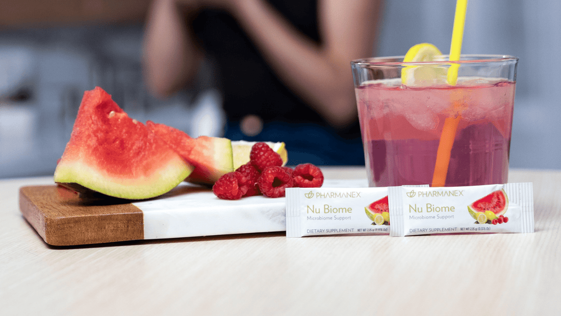 NuSkin Nu Biome pink drink on counter